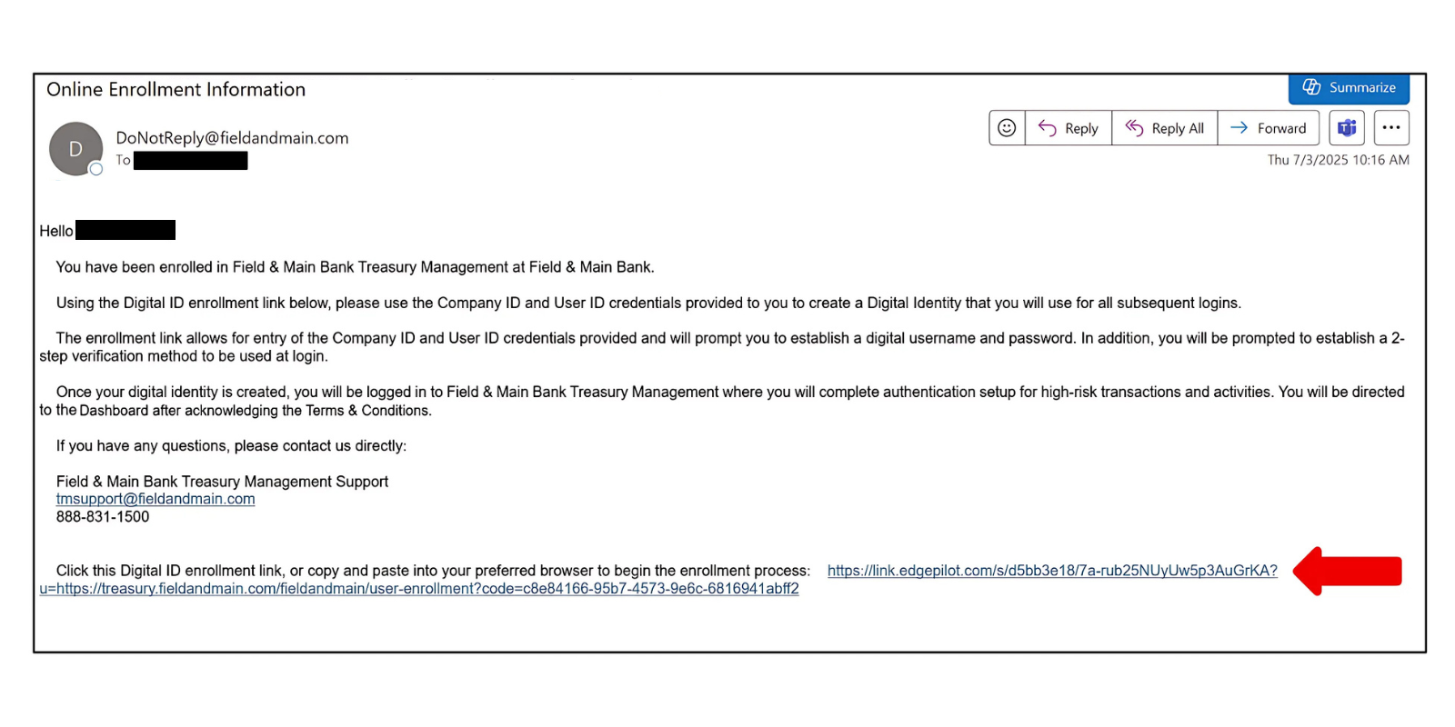 Treasury Management Open Enrollment Email Screenshot